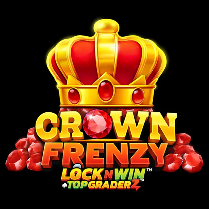 Simbol mahkota berkilauan di atas tumpukan koin emas dan permata di slot Crown Frenzy LockNWin.